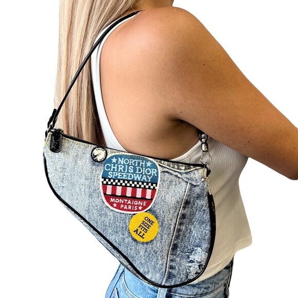 Christian Dior Vintage 2001 Logo Denim Mini Saddle Bag Pochette Zip [105069] - Picture 1 of 12